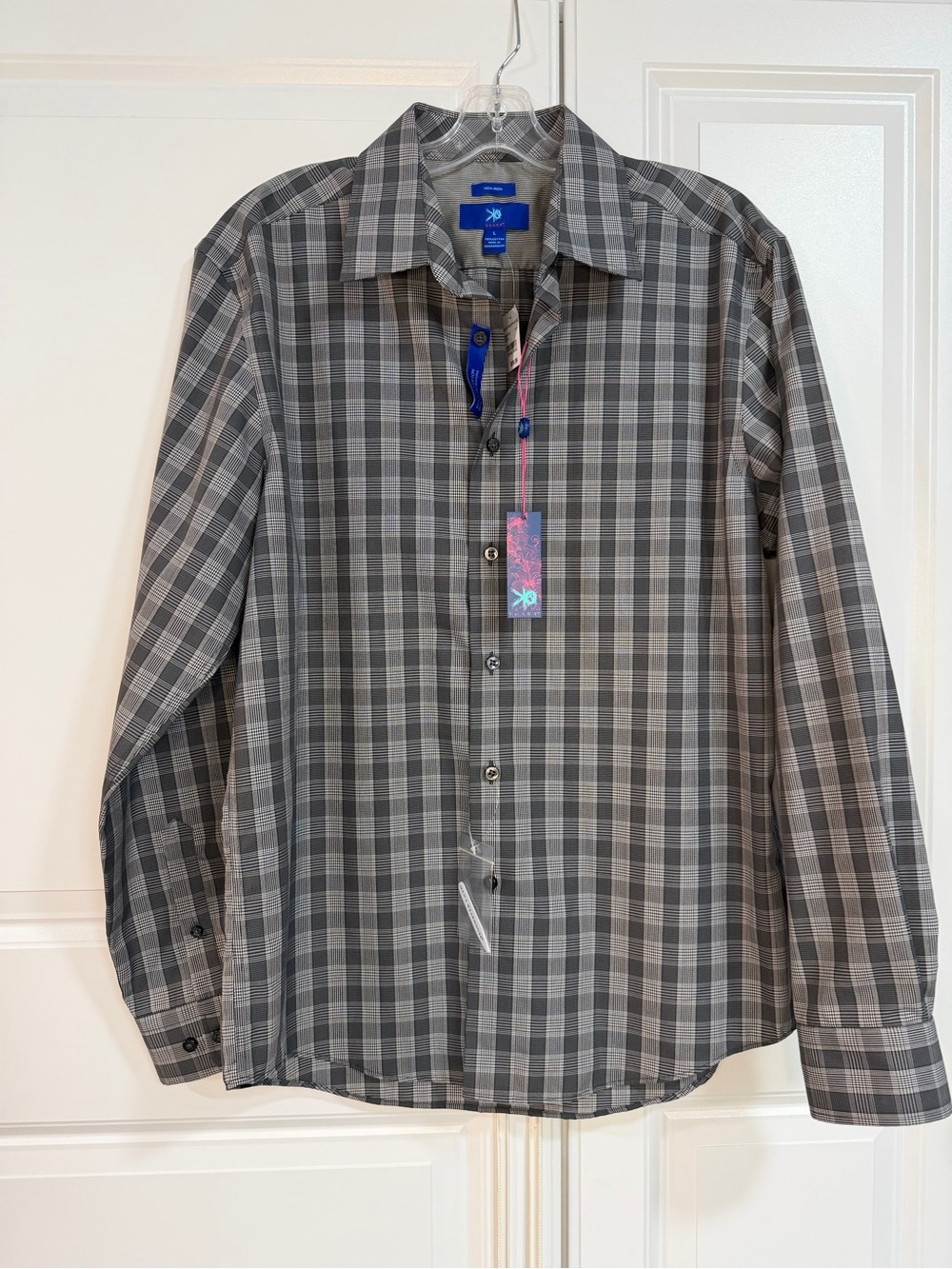 Egara Men's Non-Iron Cotton Dress Shirt Gray Plaid Long Sleeve Size L